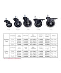 Five Pack Transparent PU Office Chair Casters With Brakes, 2 2.5 3 Inch Wheels, sizes with 10mm And 11mm stem fit chart shown