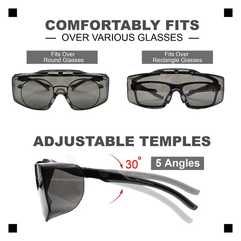 Anti Fog Lab Safety Glasses For Glasses Wearers Over Eyeglasses Clear And Tinted 2 Pack With Integrated Side Shields ANSI Z87.1 Plus UV400 Protection Over Prescription Glasses Goggles showing adjustable temples and fit over round and rectangle glasses.