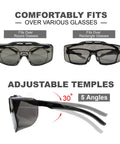 OTG Safety Goggles For Glasses Wearers With Smoke Tint Anti Fog Lenses UV400 Protection Impact Resistant Design Integrated Side Shields Lab Grade ANSI Z87.1 Plus Goggles with adjustable temples for varying glasses styles.