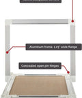 Seamless Touch Latch Drywall Access Door For Walls And Ceilings Invisible Flush Fit Dead Silent Frame Custom Finish Ready Zero Visible Hardware Top Shelf Hidden Panel 12 By 12 Inches with aluminum frame and reinforced plastic corners.