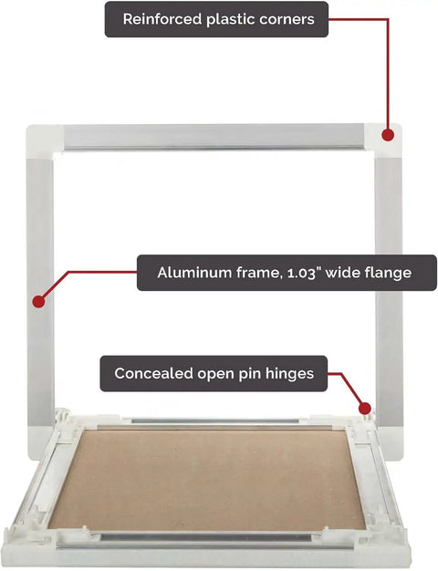 Seamless Touch Latch Drywall Access Door For Walls And Ceilings Invisible Flush Fit Dead Silent Frame Custom Finish Ready Zero Visible Hardware Top Shelf Hidden Panel 12 By 12 Inches with aluminum frame and reinforced plastic corners.