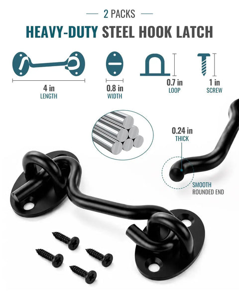 Heavy Duty Sliding Barn Door Lock Kit With Gate Latch And Hook And Eye For Screen Doors Tough As Nails Rust Proof 304 Stainless Steel With Black Powder Coat Durable Barn Door Hardware For Home Or Garage Security, 2-pack hook latch