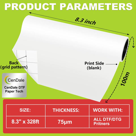 Diagram of Upgraded DTF Paper Roll 8.3 By 328 Feet For Dark And Light T Shirts, showing dimensions and grid backing