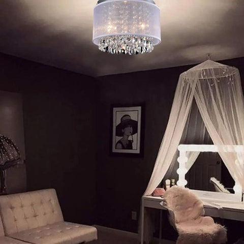Chic Net Yarn Drum Chandelier Three Light White Crystal Ceiling Fixture For Bedroom Easy Five Minute Mount Dimmable With Dimmer Switch Cleanable