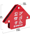 Red welding magnet with dimensions, 25 lbs capacity, for 45, 90, 135 degree angles, Welding Magnets Set 25 Lbs Each, 4 Pieces With Clamps