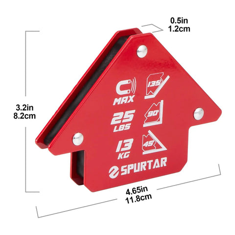 Red welding magnet with dimensions, 25 lbs capacity, for 45, 90, 135 degree angles, Welding Magnets Set 25 Lbs Each, 4 Pieces With Clamps