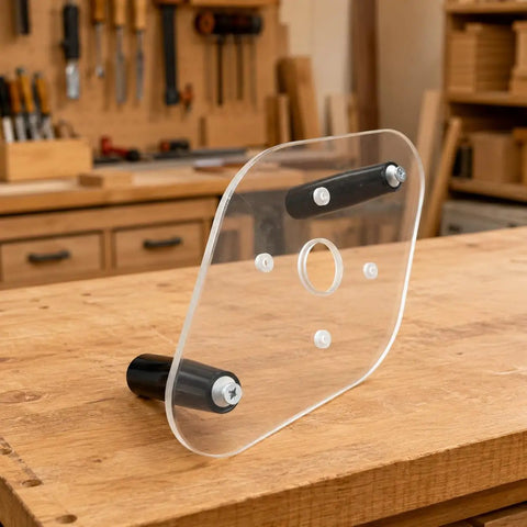 Clear Acrylic Router Base Plate With Reinforced Dual Handles For Compact Routers Rock Solid Stability And Smooth Sailing Cuts For Fine Woodworking Enthusiasts Knockout Clarity on wooden workbench.