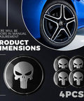 Premium Skull Wheel Center Caps 4 Pack Universal 2.2 Inch Aluminum Hub Covers Waterproof Rim Stickers For Cars Trucks And Heavy Riders Built Tough To Beef Up Your Setup Style with product dimensions displayed.