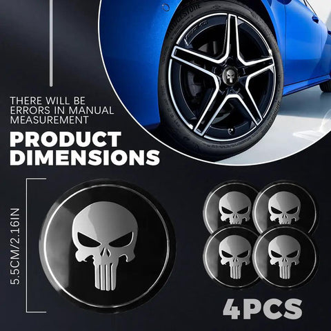 Premium Skull Wheel Center Caps 4 Pack Universal 2.2 Inch Aluminum Hub Covers Waterproof Rim Stickers For Cars Trucks And Heavy Riders Built Tough To Beef Up Your Setup Style with product dimensions displayed.