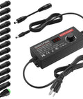 Universal Adjustable DC Power Supply 100 240V AC In To 3.5V Through 24V 6A 144W DC Output Variable Adapter With LCD Display And 14 Tips For Precise Multi Voltage Power For Hobbyists And DIY Electronics Projects, showing adapter and 14 diverse tips with cables.