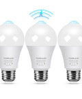 3 Pack Motion Sensor LED Bulbs A19 E26 13W 100W Equivalent Dusk To Dawn Light 5000K Daylight Infrared PIR Sensor Indoor Outdoor Security For Garage Porch Stairs Weatherproof Easy Install, three bulbs front view