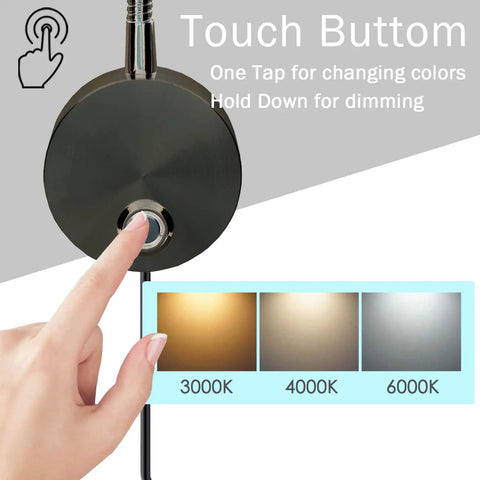 Close-up of Bedside Wall Mounted Reading Light With Touch Dimmable 3W LED and three color temperatures 3000K 4000K 6000K
