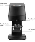 Top Shelf Electric Coffee Powder Tamper 58mm Portafilter Automatic Espresso Press showing digital display and portafilter holder.