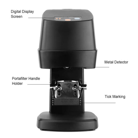 Top Shelf Electric Coffee Powder Tamper 58mm Portafilter Automatic Espresso Press showing digital display and portafilter holder.