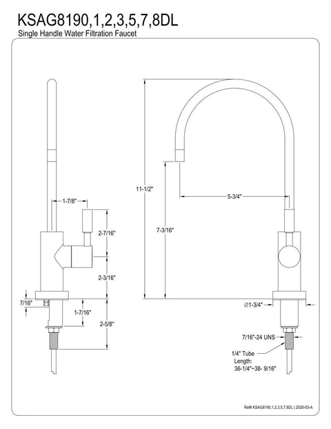 Technical diagram of the Concord Water Filtration Faucet In Brushed Nickel, Drip Free Ceramic Disc, Solid Brass And Zinc Alloy Construction.