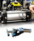 Heavy Duty Pneumatic Clamp Fixture With 50 Kg 110 Lb Hold Down, silver cylinder, black and blue components, on workbench