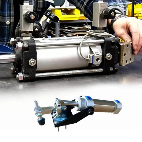 Heavy Duty Pneumatic Clamp Fixture With 50 Kg 110 Lb Hold Down, silver cylinder, black and blue components, on workbench