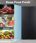 Killer Side By Side Refrigerator In Matte Black Offering 15.6 Cubic Feet Of Straight Up Family Storage Plus Huge Freezer Section For Your Ultimate Kitchen Flex with images of meats, seafood, and vegetables.