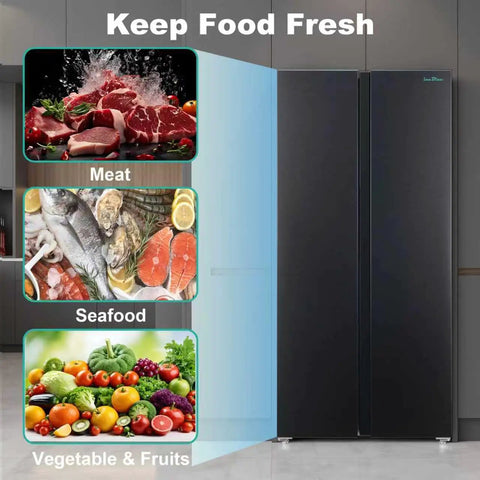 Killer Side By Side Refrigerator In Matte Black Offering 15.6 Cubic Feet Of Straight Up Family Storage Plus Huge Freezer Section For Your Ultimate Kitchen Flex with images of meats, seafood, and vegetables.