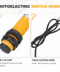 Plug And Play Industrial Grade Diffuse Reflection Photoelectric Sensor with 10 cm Detection Range, yellow sensor and wire close-up.