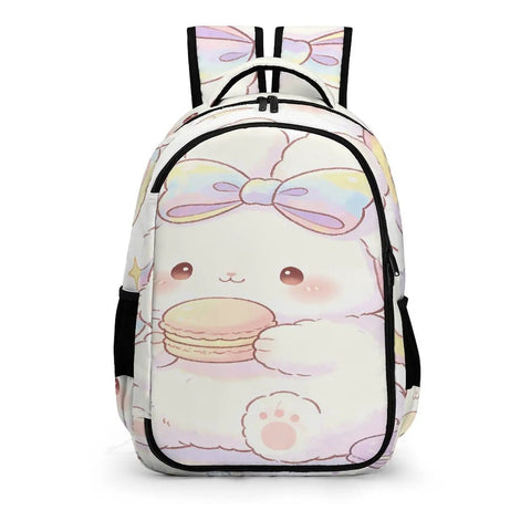Rainbow Bow Kawaii Rabbit Printed Unisex Backpack With Large Capacity Durable Polyester School Bag For Teens And Adults