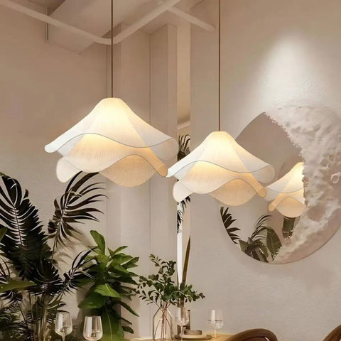 HLRCB Indoor Pendant Light, Fabric Pleated Shade, Modern Suspended Mount with wavy shades in a serene indoor setting.