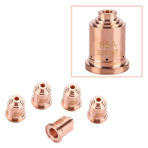 Top Tier 5-Pack Copper Nozzle Tips For 85A Plasma Cutter Torch, durable copper nozzles set for efficient metal cutting.