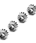 Four K-Lock Nuts With External Tooth Washer 10-32 stainless steel viewed from an angle, highlighting the strong gripping fasteners.