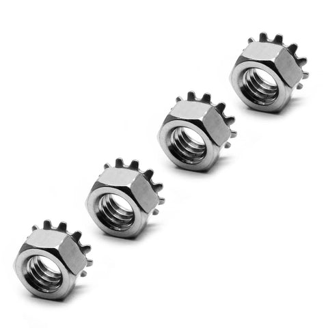 Four K-Lock Nuts With External Tooth Washer 10-32 stainless steel viewed from an angle, highlighting the strong gripping fasteners.