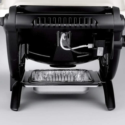 Underside view of Q1200 Portable Propane Grill For Travel And Camping Blue With 1 Burner Cast Iron Grates Electronic Ignition 8500 BTU