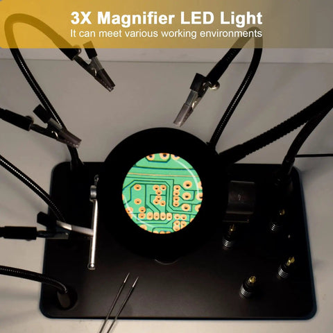 Heavy Duty Magnetic Soldering Third Hand With Three LED Magnifying Lamp and 360 Degree Hot Air Gun Holder showing PCB work