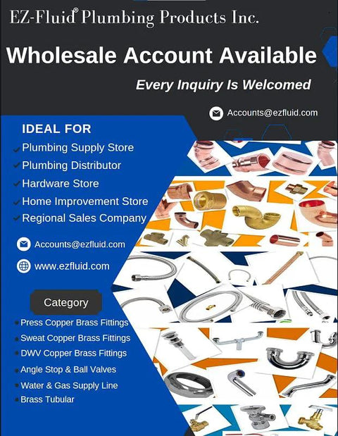 EZ-FLUID plumbing products wholesale banner with collage of copper fittings and valves, blue layout and contact info.
