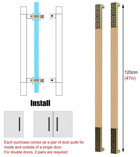 Solid Wood Sliding Barn Door Handle Kit With Rectangle Front Door Push Pull Handle For Exterior And Interior Use Two Sided Or Single Side Install Style3 47 Inch Length 120 Cm Heavy Duty Rust Resistant in installation diagram with dimensions shown.