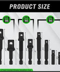 9-Piece Impact Socket Adapter Set For Impact Drivers, 1/4 Inch, 3/8 Inch, And 1/2 Inch, heavy-duty vanadium steel with sizes shown