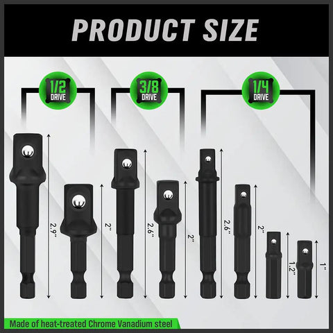 9-Piece Impact Socket Adapter Set For Impact Drivers, 1/4 Inch, 3/8 Inch, And 1/2 Inch, heavy-duty vanadium steel with sizes shown