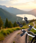 Universal Two Wire Brake Lever Replacement for Motorcycle Bicycle and E Bike fitted on handlebars, sunset mountain view