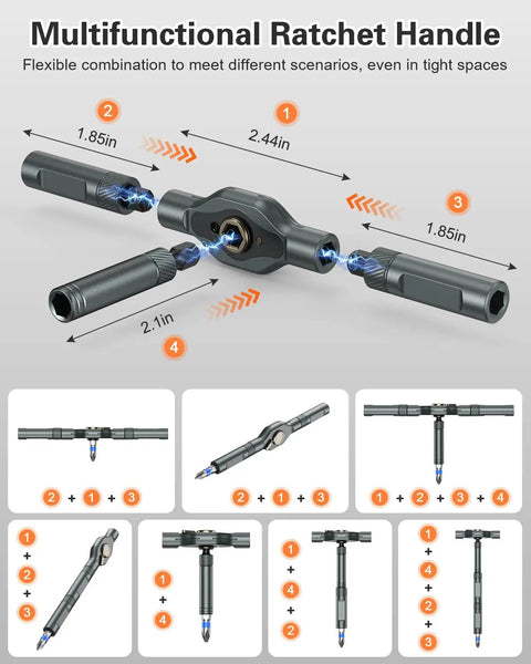 34 In 1 Magnetic Ratcheting Screwdriver Set With One Quarter Inch Socket Adapter detailing assembly configurations