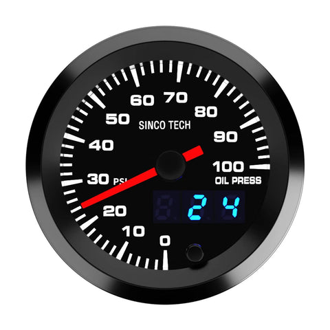 52mm automotive oil pressure gauge with analog dial, red needle, blue digital readout, 7-color backlight