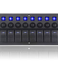 Front view of Beefy 8 Gang Boat Rocker Switch Panel Waterproof Marine Panel With LED On Off Switches And Circuit Breakers 12V 24V