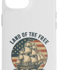 Patriotic Sailboat IPhone 15 Case For Fourth Of July With Red White Blue Fireworks Vibe And American Pride Design Slim Protective Shield Grippy Back Perfect For Independence Day And Everyday USA Spirit, featuring ship illustration and USA flag background, ‘Land of the Free’ print.