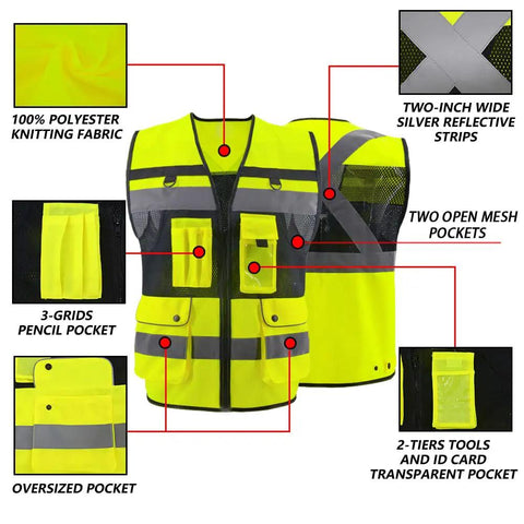 Men High Visibility Safety Vest With Seven Rugged Pockets And Secure Zip Closure Built Tough For The Daily Hustle Breathable Mesh Construction Workwear. Features reflective strips and pencil pocket.