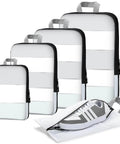 Set of five compression packing cubes with double zippers, featuring a shoe bag. Compression Packing Cubes 5 Piece Set Travel Organizer Boxes.