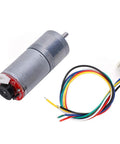 GA25-370 gear motor with encoder; stainless steel body, 12V, 300RPM, multi-color wiring harness