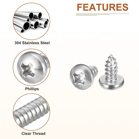 Sixty Pack Of Rugged Size Twelve X Half Inch Phillips Pan Head Self Tapping Screws Crafted From Top Shelf 304 Stainless Steel close up showing clear thread and head design.