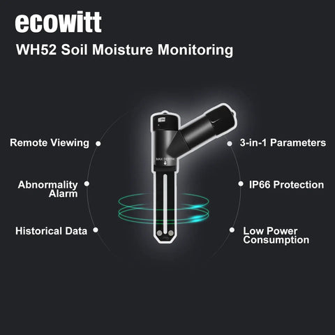 3 In 1 Soil Meter Sensor For Garden Monitoring Moisture Temperature And Electrical Conductivity Readings Sensor Only That Pairs With Gateway Or Console At 915 MHz And No Fuss WiFi Setup, black IP66 sensor