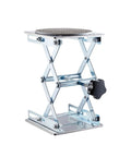 Heavy Duty 6X6 Inch Lab Scissor Jack Stand Adjustable Height 65-260mm Stainless Steel Platform Non-Slip Shock Absorbing Gaskets in upright position.