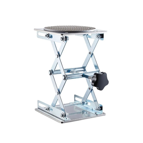 Heavy Duty 6X6 Inch Lab Scissor Jack Stand Adjustable Height 65-260mm Stainless Steel Platform Non-Slip Shock Absorbing Gaskets in upright position.
