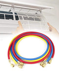 No Sweat One Point Five Meter AC Recharge Hose With Easy Turn Valves Six Hundred Psi Pressure Rated Quarter Inch Tube, red, blue, yellow hoses with brass ends.