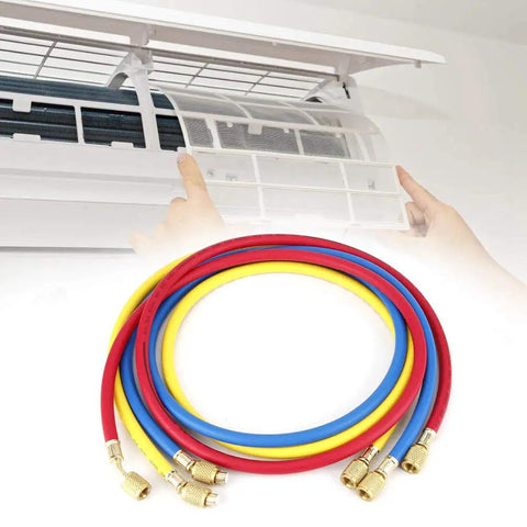 No Sweat One Point Five Meter AC Recharge Hose With Easy Turn Valves Six Hundred Psi Pressure Rated Quarter Inch Tube, red, blue, yellow hoses with brass ends.