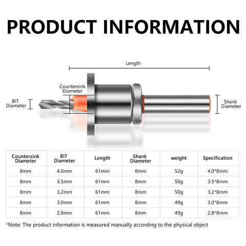 Product image showing Heavy Duty Adjustable Countersink Drill Bits For Woodworking 8MM And 10MM Shank specifications with dimensions.